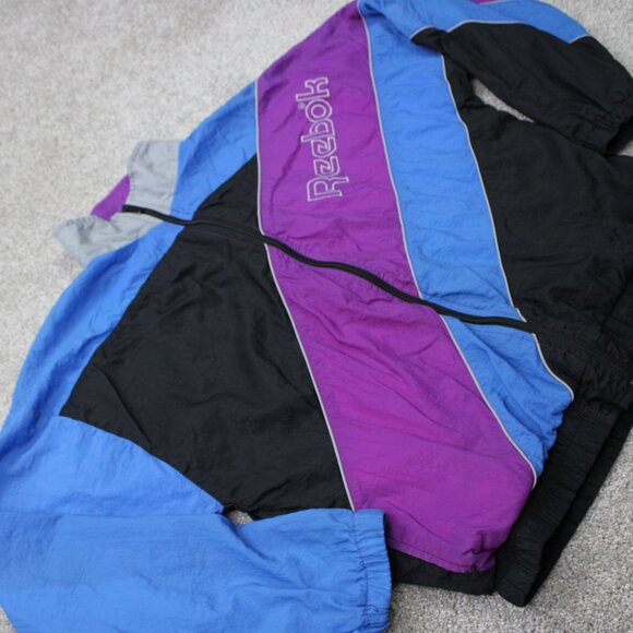 VTG Reebok Windbreaker Mens Medium Purple/Blue/Black Spell Out Jacket Coat - Picture 7 of 14